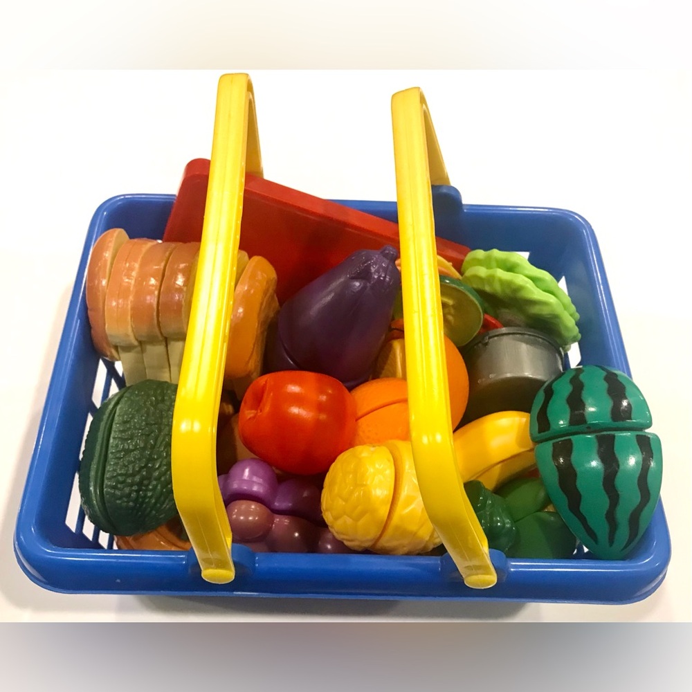 A Basketful of Toy Fruits and Vegetables Play Set to “Peel, Slice.